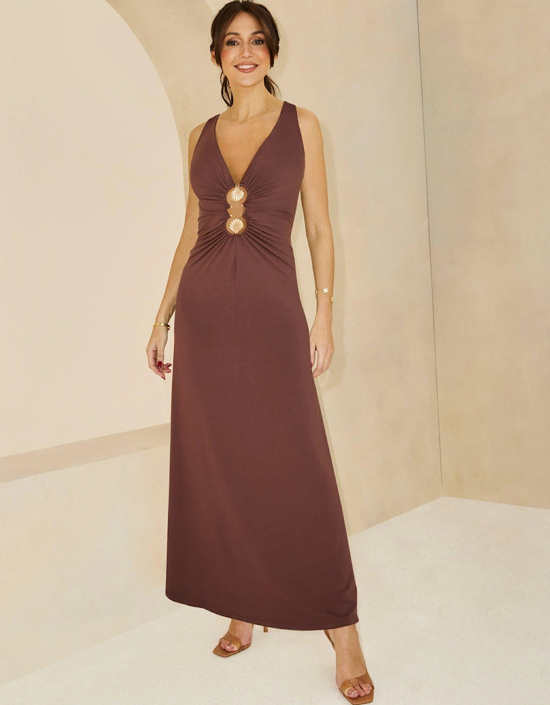 Double Shell Trim Jersey Midaxi Dress - Brown, 2 of 1
