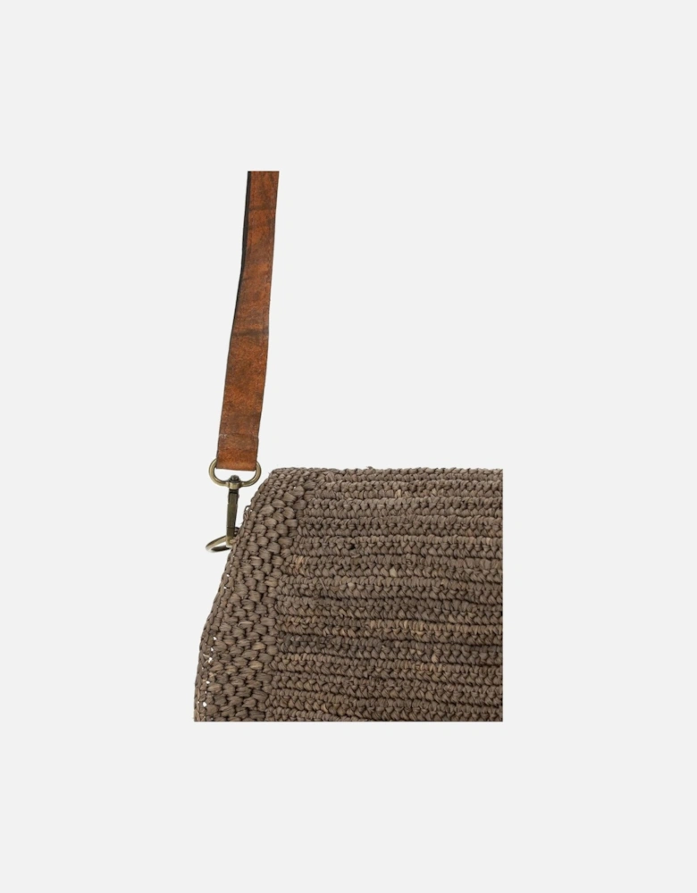 Raffia Crochet Shoulder Bag with Leather Strap Women - Brown