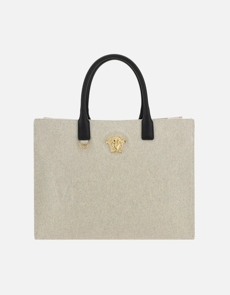 Cotton Handbag with Medusa Plaque and Leather Handles Women - White