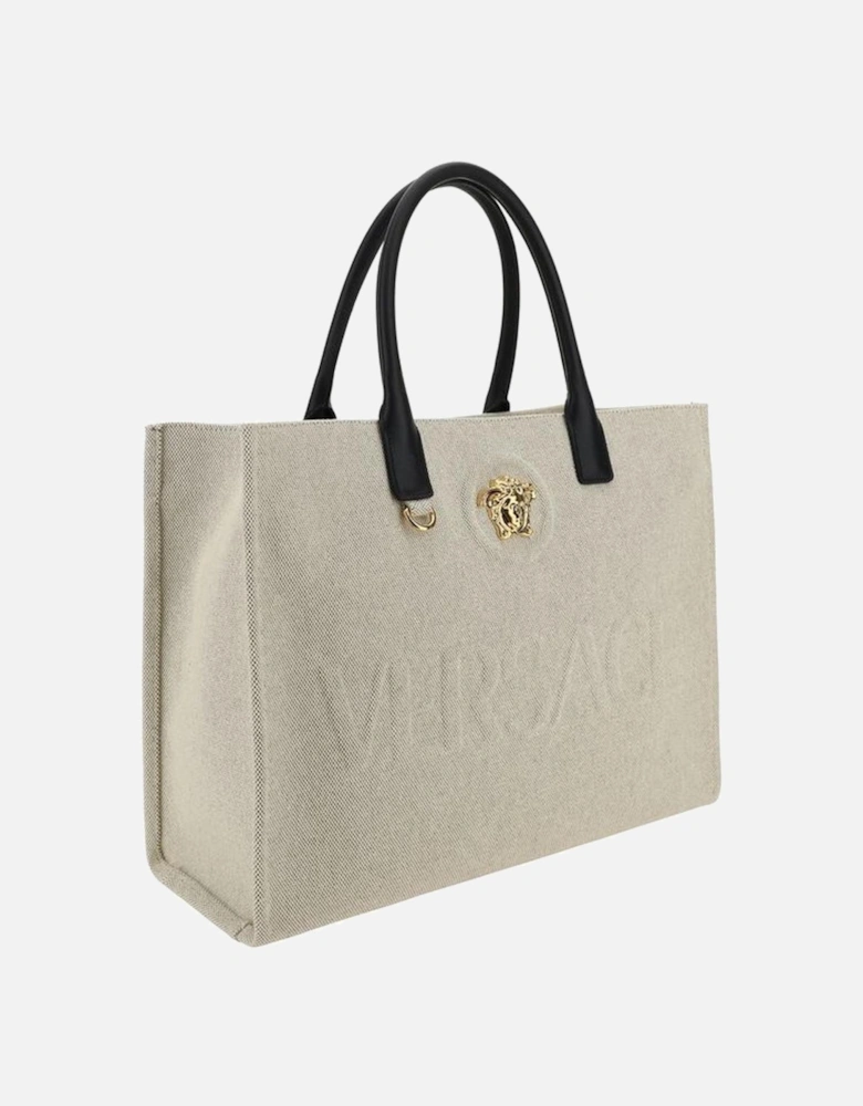 Cotton Handbag with Medusa Plaque and Leather Handles Women - White