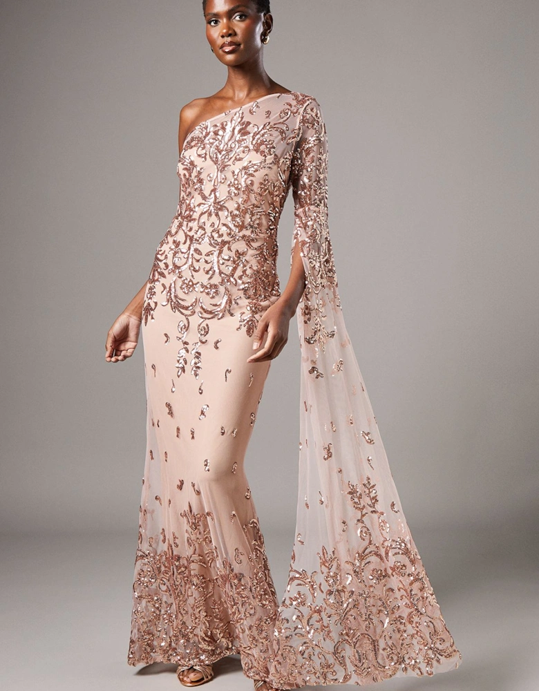 One Shoulder Maxi Dress In Lace With Cape Sleeve