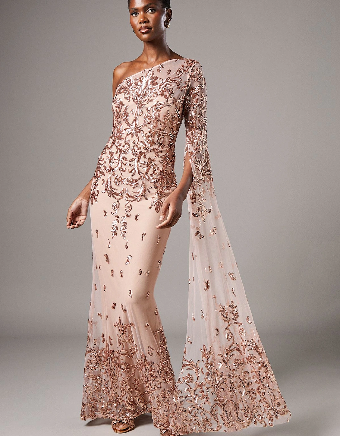 One Shoulder Maxi Dress In Lace With Cape Sleeve, 2 of 1
