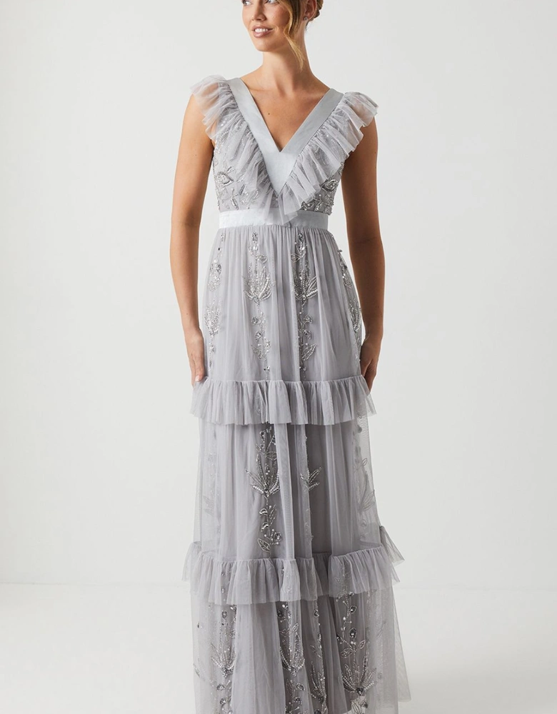 Tiered Mesh Bridesmaid Dress With Embellishment