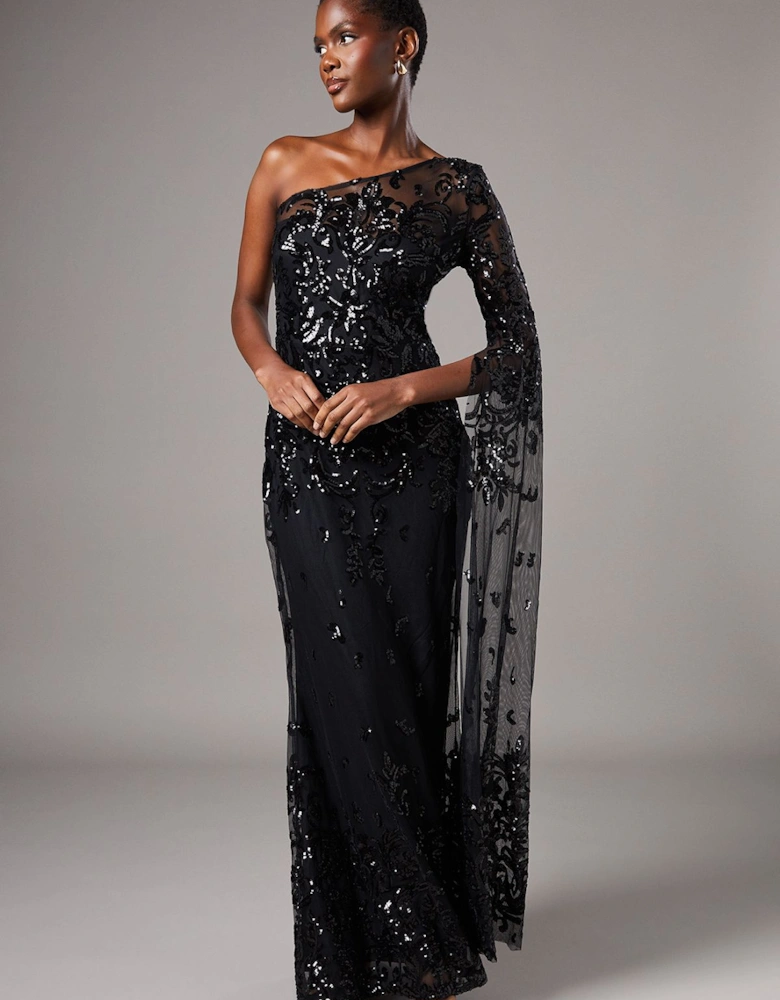 One Shoulder Maxi Dress In Lace With Cape Sleeve