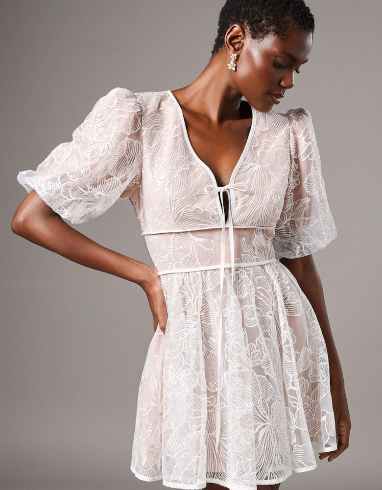 Embellished Organza Puff Sleeve Mini Dress