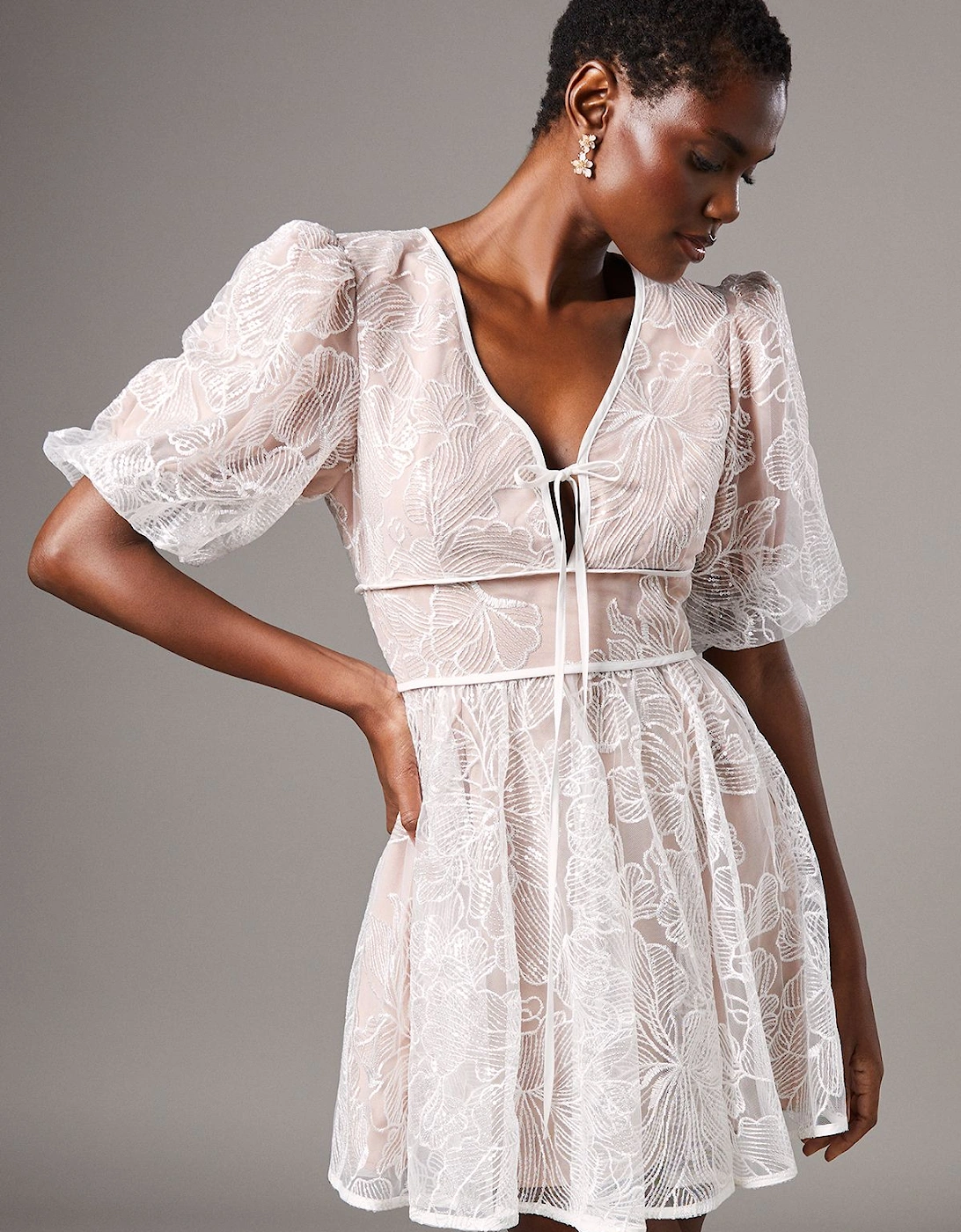 Embellished Organza Puff Sleeve Mini Dress, 2 of 1
