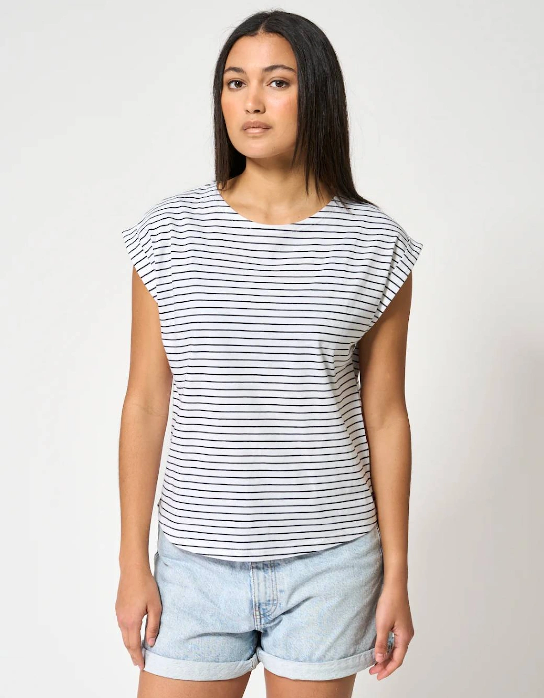 Women's Fine Striped Drop Sleeve T-Shirt White/Navy, 4 of 3
