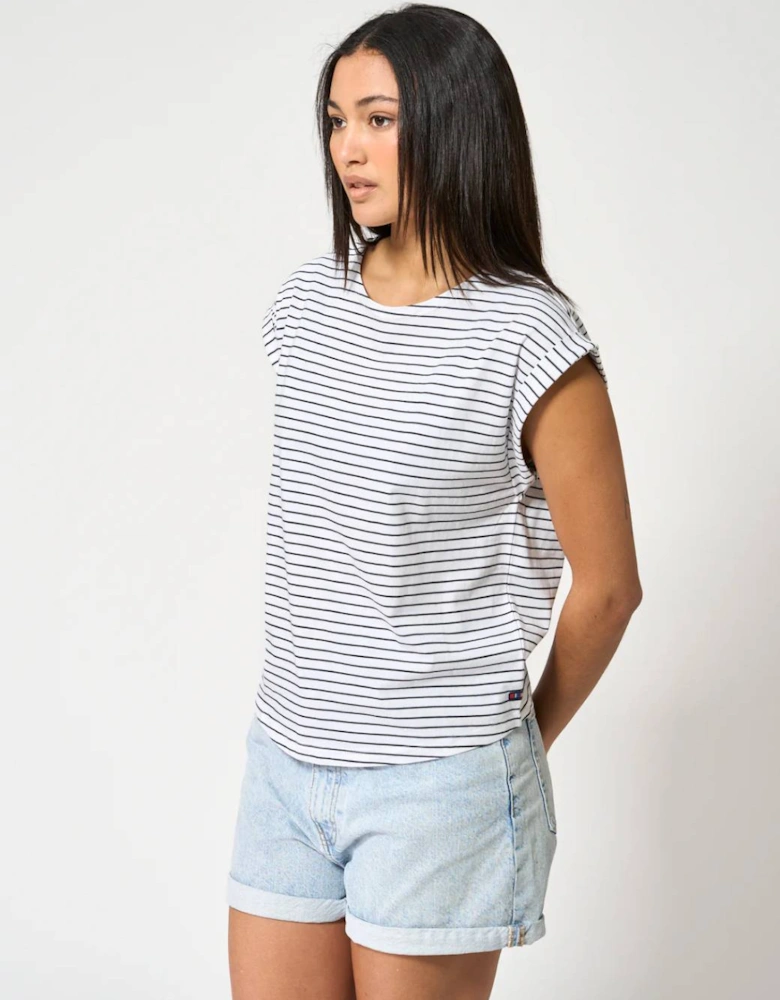 Women's Fine Striped Drop Sleeve T-Shirt White/Navy