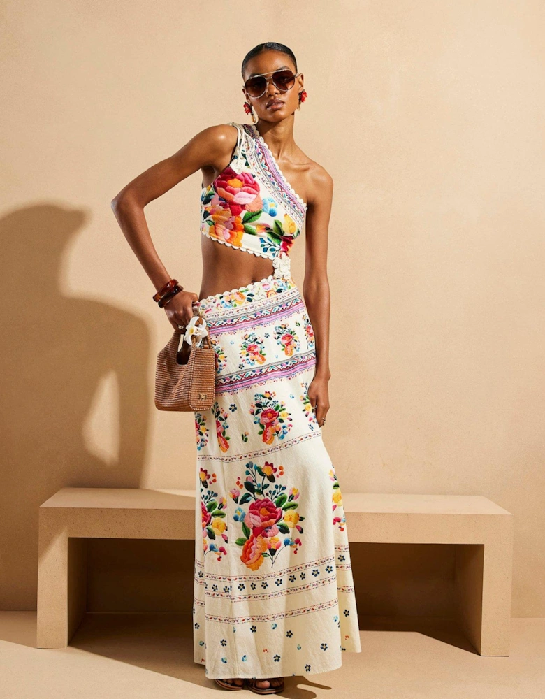 Del Maar Floral One Shoulder Maxi - White