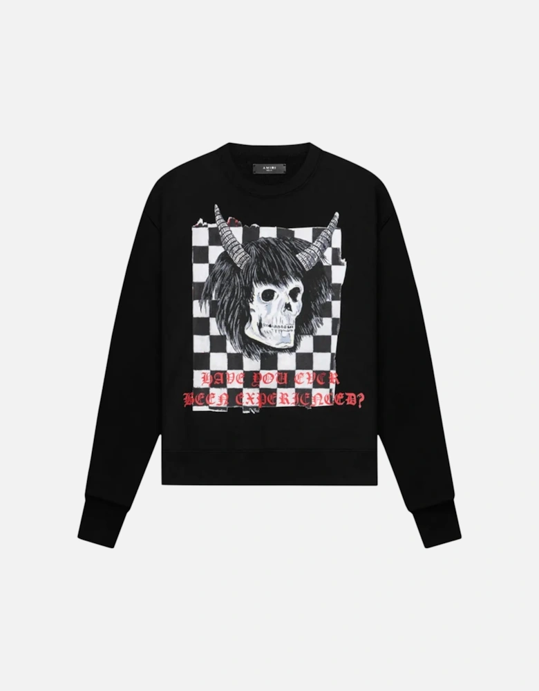 X WES LANG CHECKER SKULL CREW NECK SWEATER BLACK