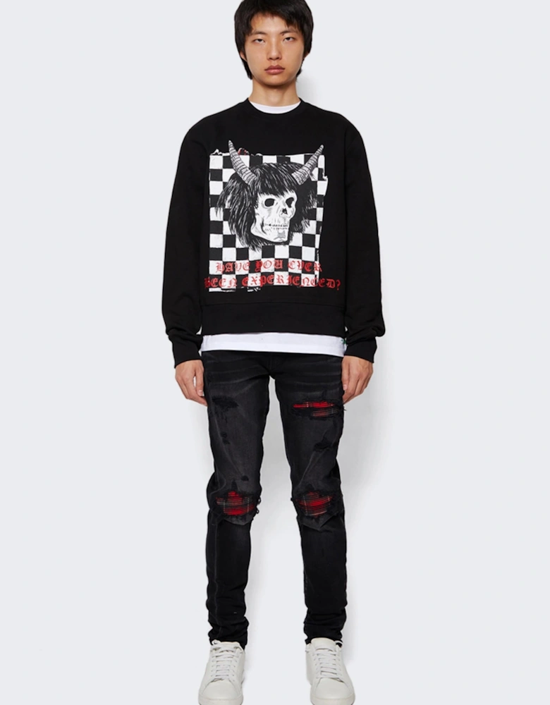 X WES LANG CHECKER SKULL CREW NECK SWEATER BLACK