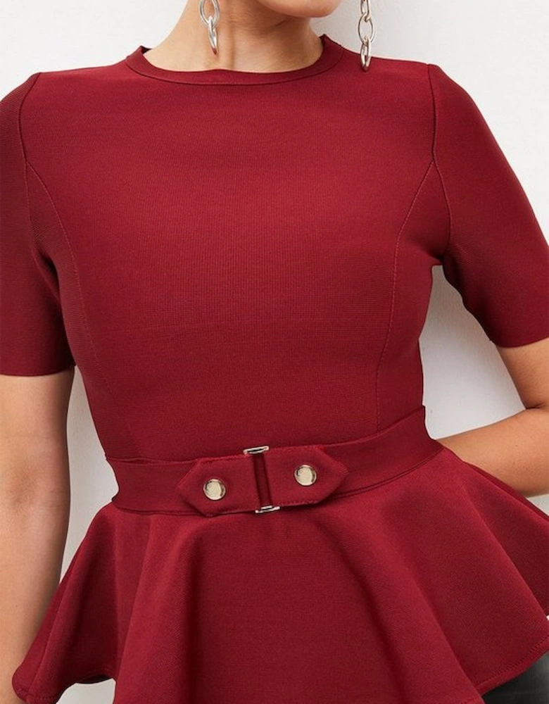 Trimmed Waist Peplum Bandage Knit Detail Top
