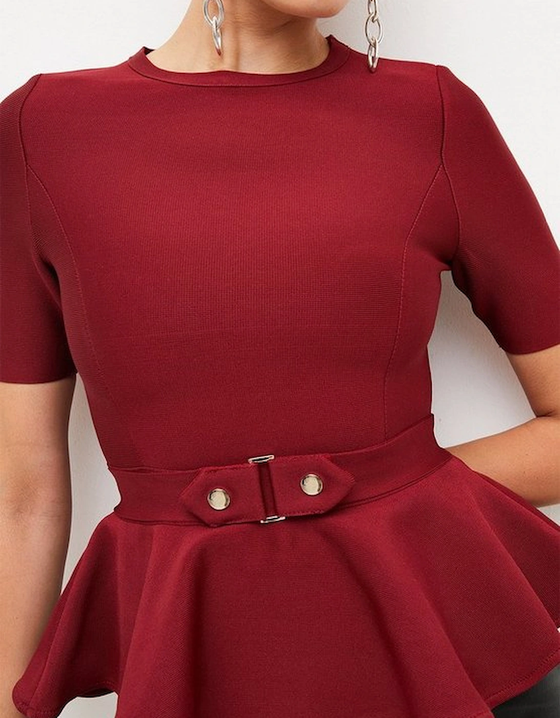 Trimmed Waist Peplum Bandage Knit Detail Top