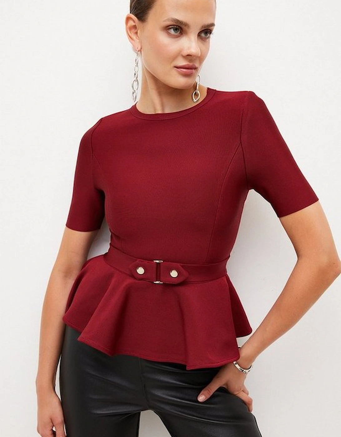 Trimmed Waist Peplum Bandage Knit Detail Top, 5 of 4