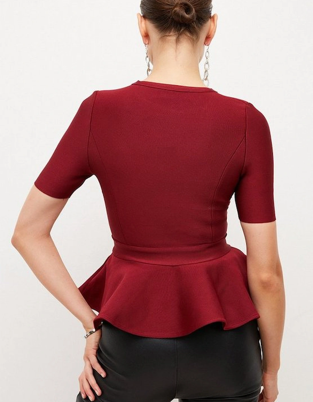 Trimmed Waist Peplum Bandage Knit Detail Top