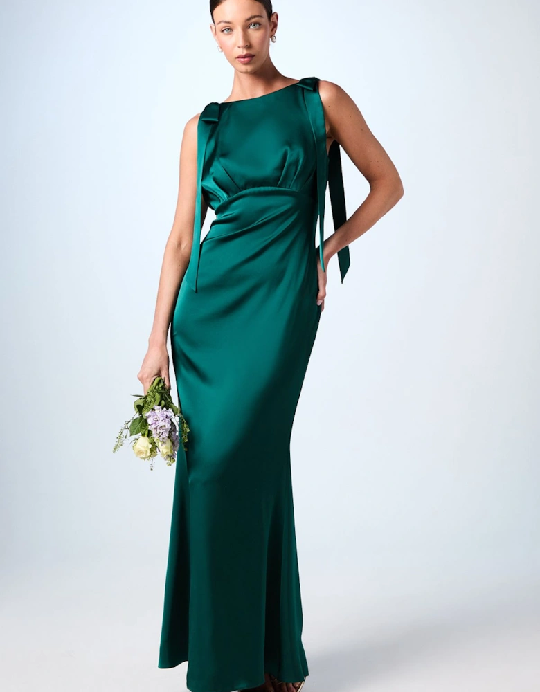Honoured Sleeveless High Neck Tie Shoulder Satin Maxi Bridesmaid Dress