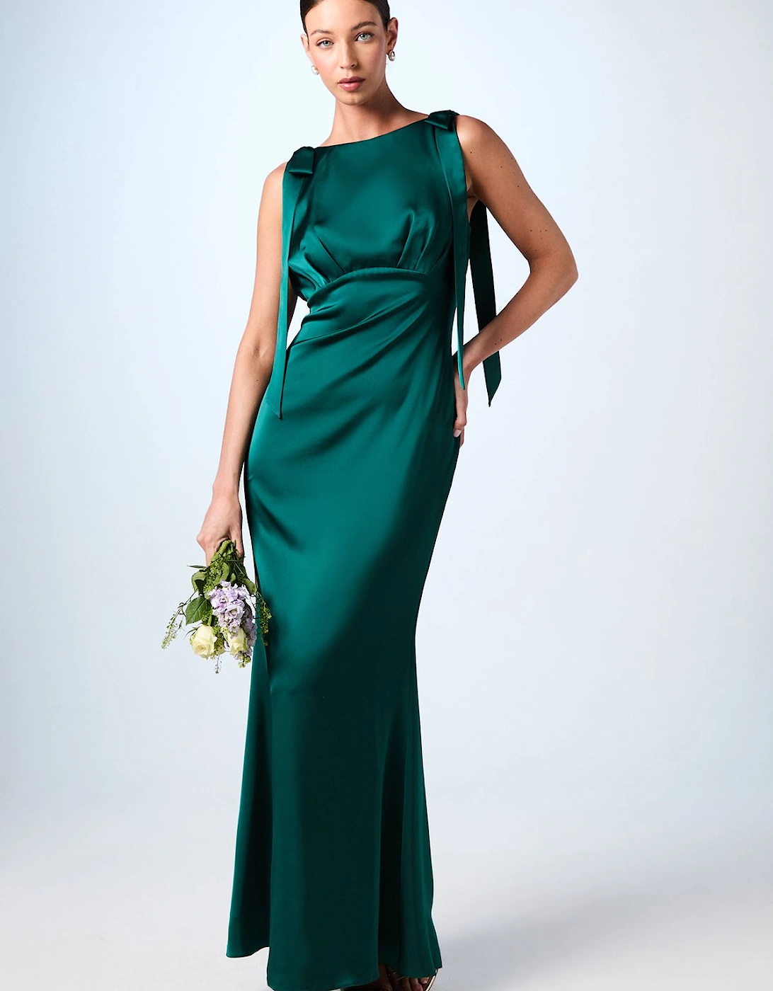 Honoured Sleeveless High Neck Tie Shoulder Satin Maxi Bridesmaid Dress, 2 of 1