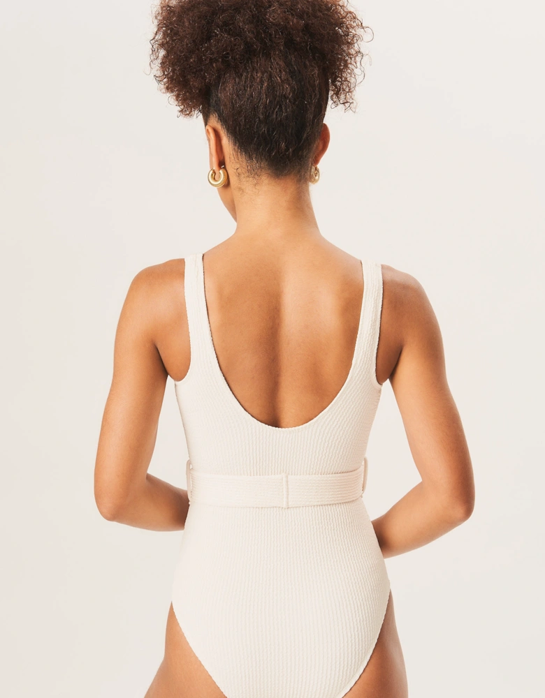 Ivory Textured Round Neck Belted Swimsuit