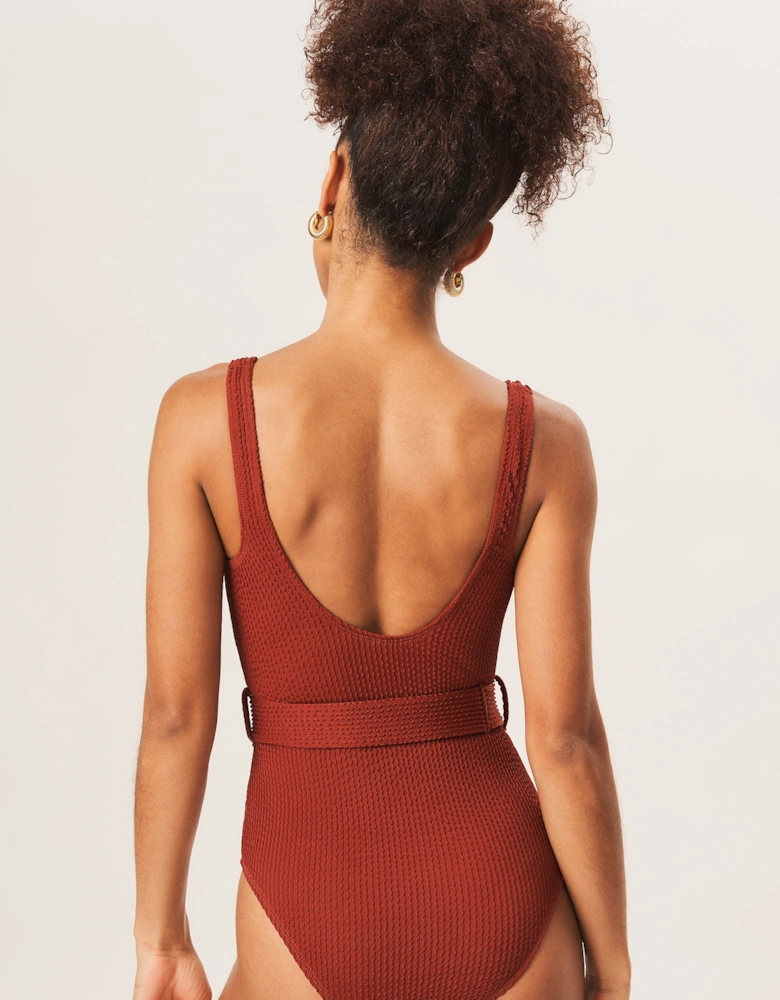 Chocolate Textured Round Neck Belted Swimsuit