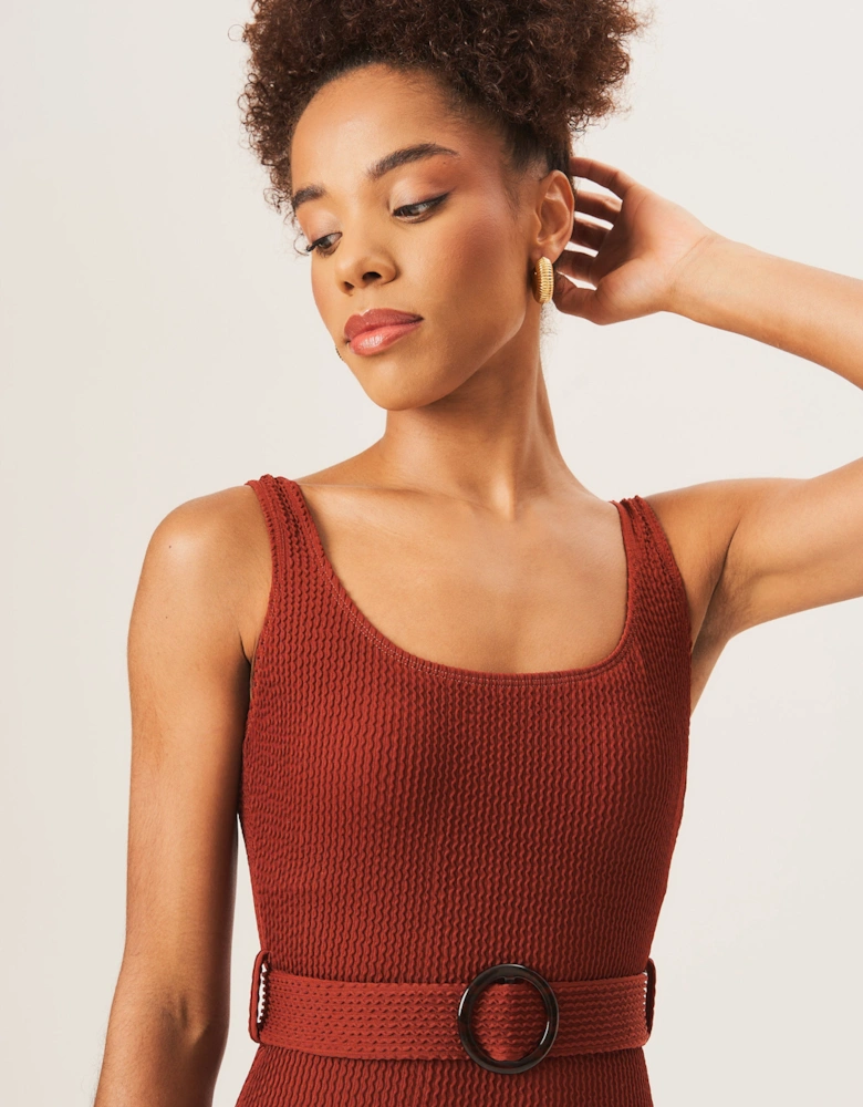 Chocolate Textured Round Neck Belted Swimsuit