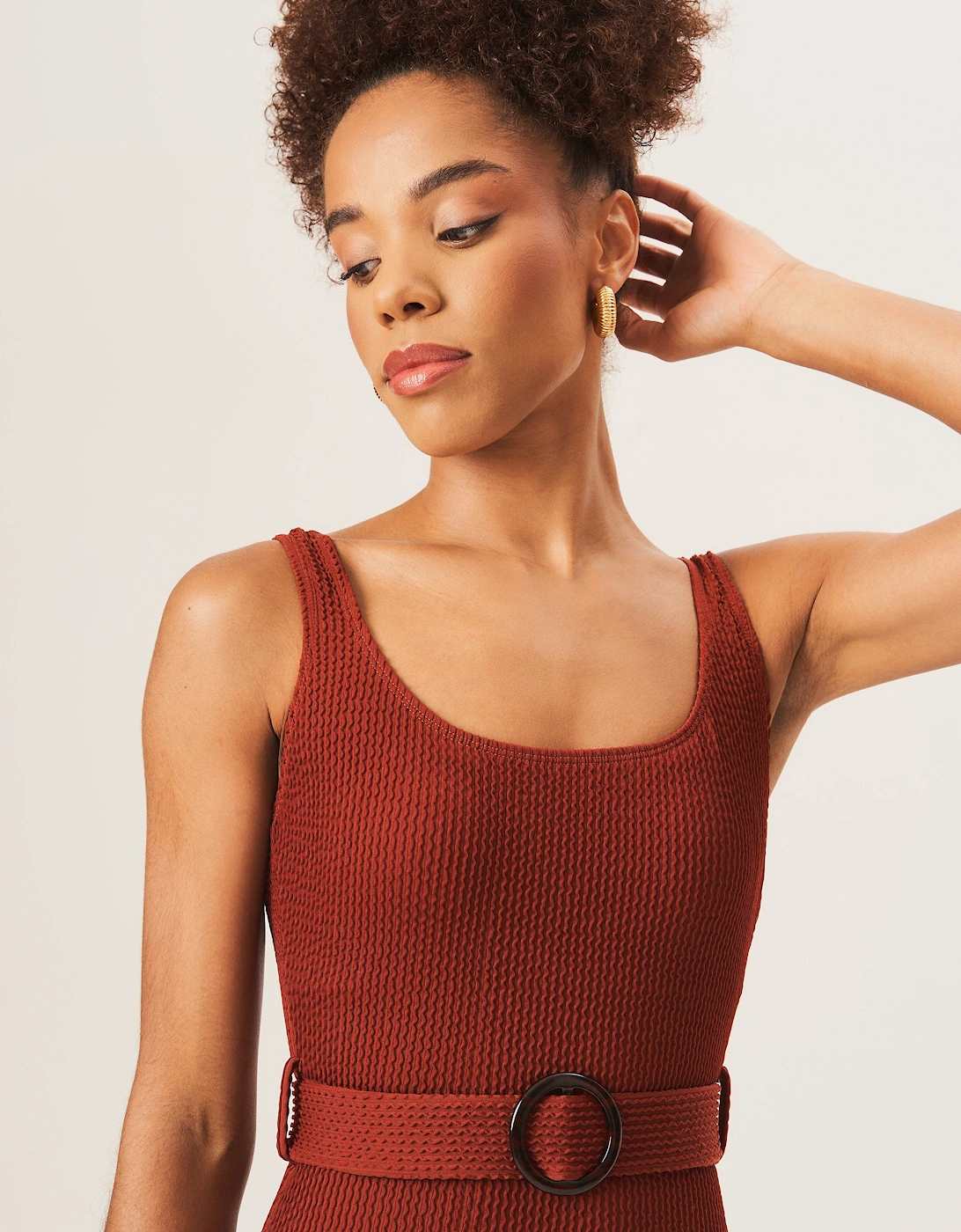 Chocolate Textured Round Neck Belted Swimsuit