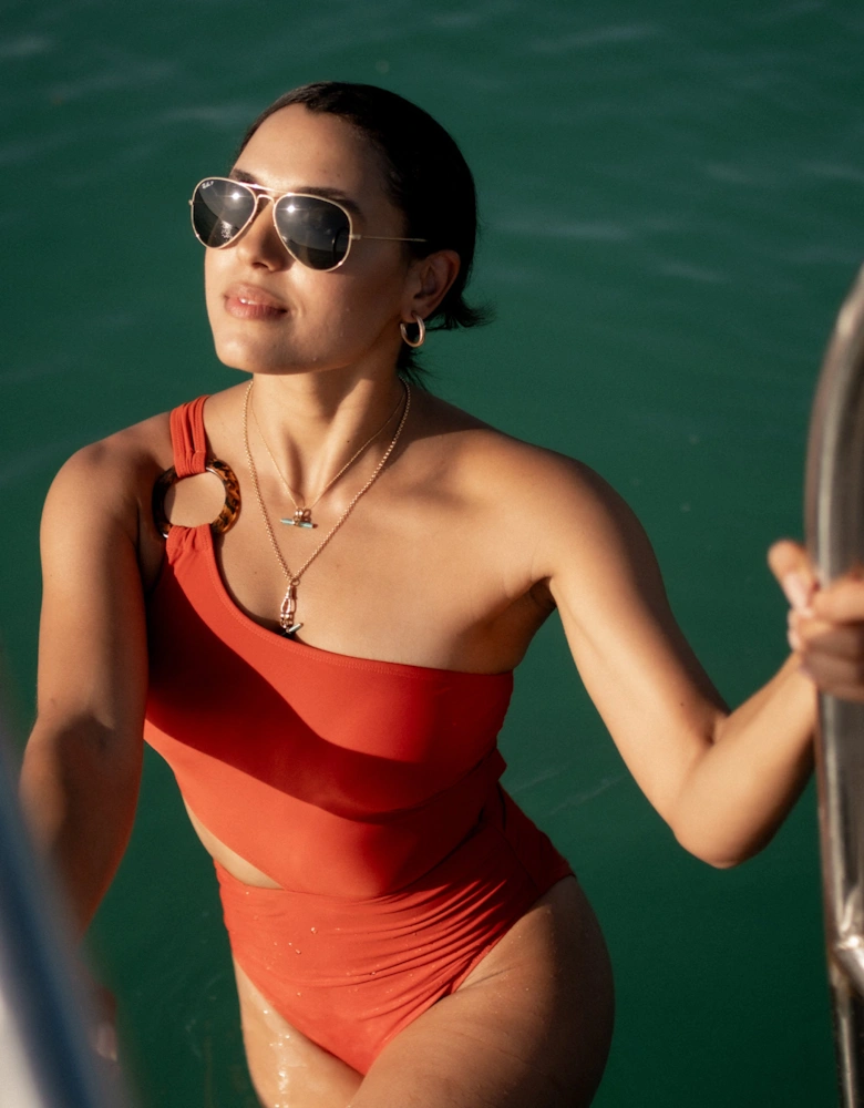 Rust One Shoulder Ring Detail Cutout Swimsuit