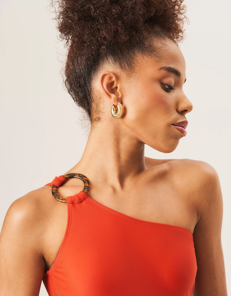 Rust One Shoulder Ring Detail Cutout Swimsuit