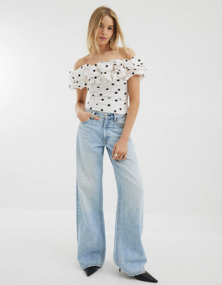 Short Sleeve Ruffle Bardot Top - Cream