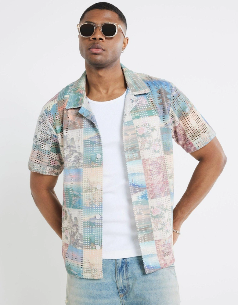 Japanese Scenic Print Graphic Crochet Shirt - Multi