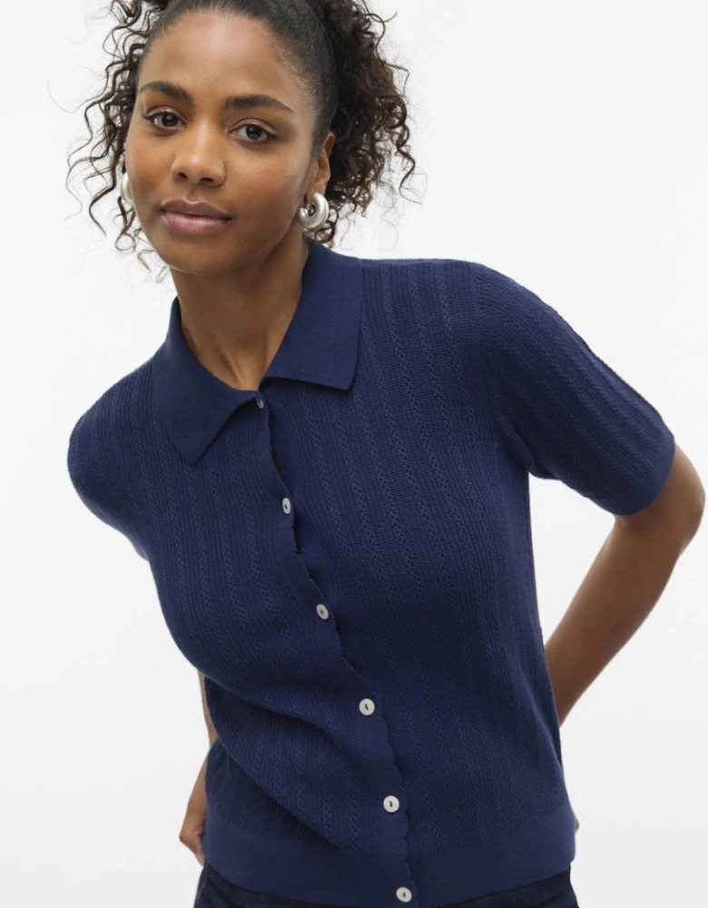 Luxlight Pointelle 2/4 Polo Neck Pullover Navy Blazer