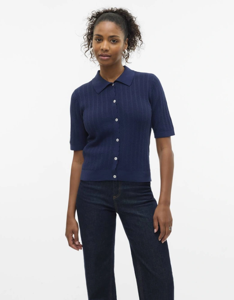Luxlight Pointelle 2/4 Polo Neck Pullover Navy Blazer