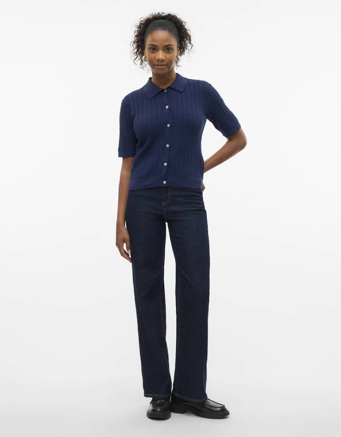 Luxlight Pointelle 2/4 Polo Neck Pullover Navy Blazer