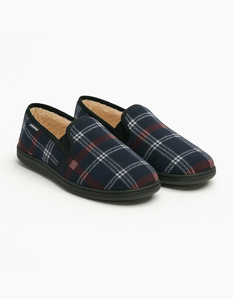 MARTYN Mens Lined Textile Full Slippers Navy Check