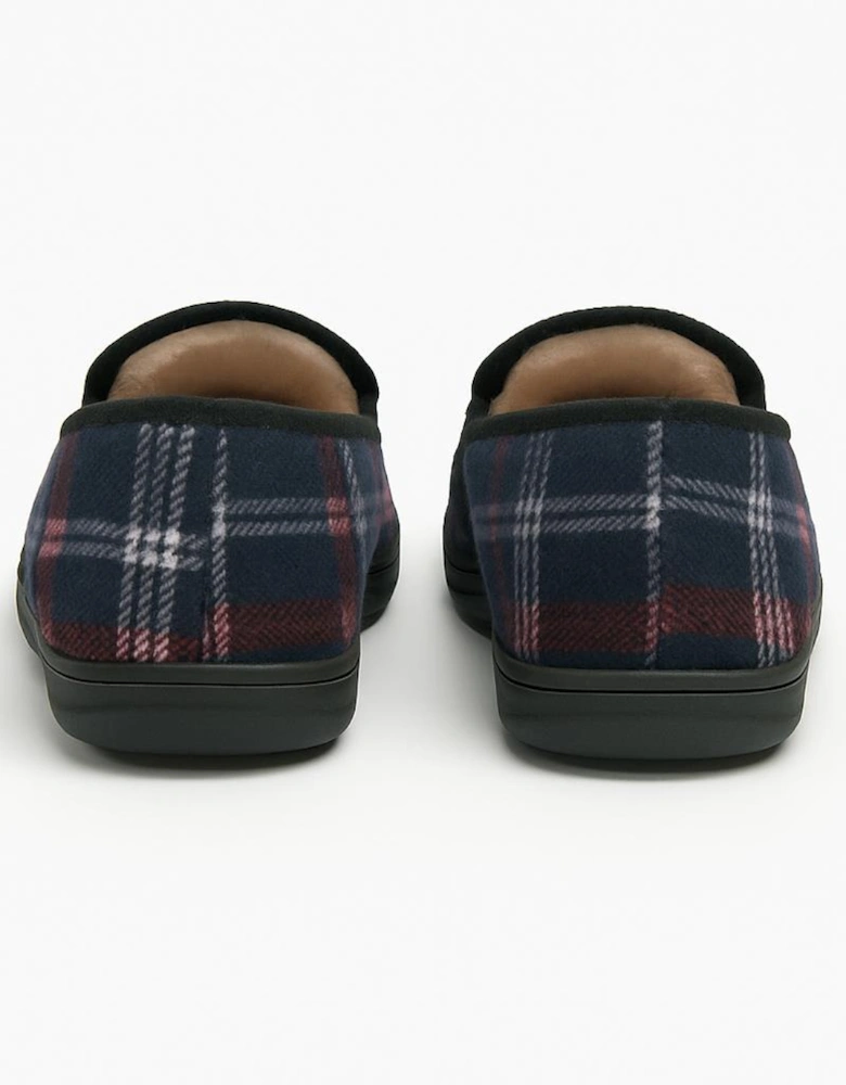 MARTYN Mens Lined Textile Full Slippers Navy Check