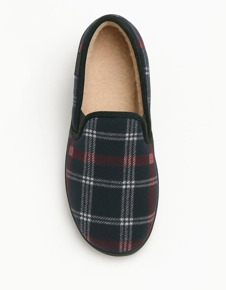 MARTYN Mens Lined Textile Full Slippers Navy Check