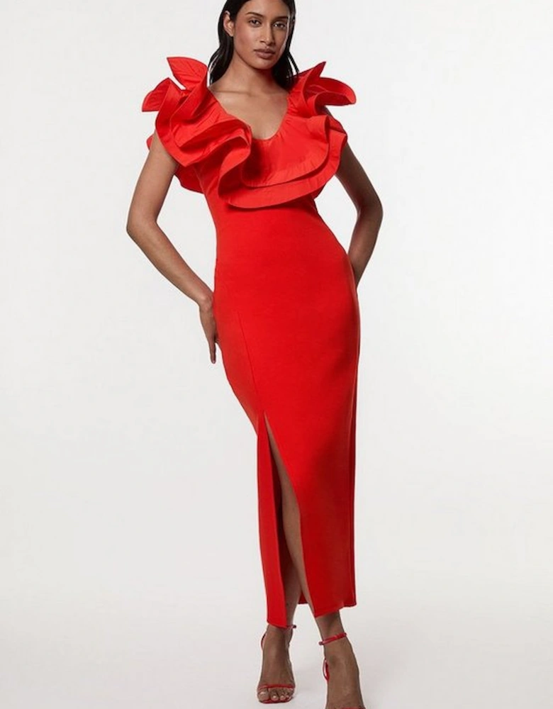 Ruffle Ponte And Cotton Mix Jersey Side Split Midi Dress