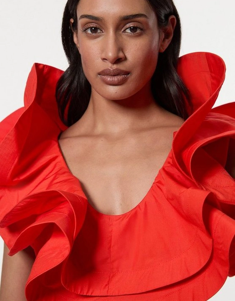 Ruffle Ponte And Cotton Mix Jersey Side Split Midi Dress