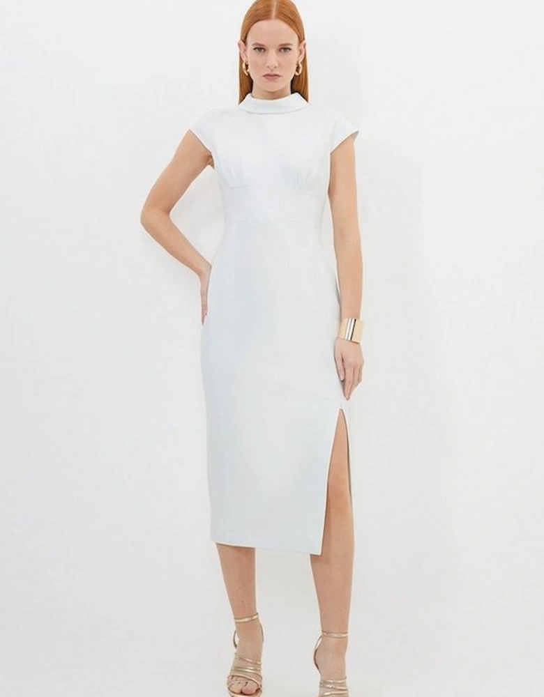 Tailored Structured Crepe High Neck Cap Sleeve Midi Dress