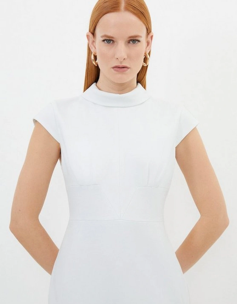 Tailored Structured Crepe High Neck Cap Sleeve Midi Dress