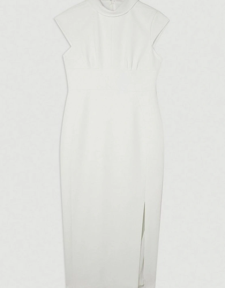 Tailored Structured Crepe High Neck Cap Sleeve Midi Dress