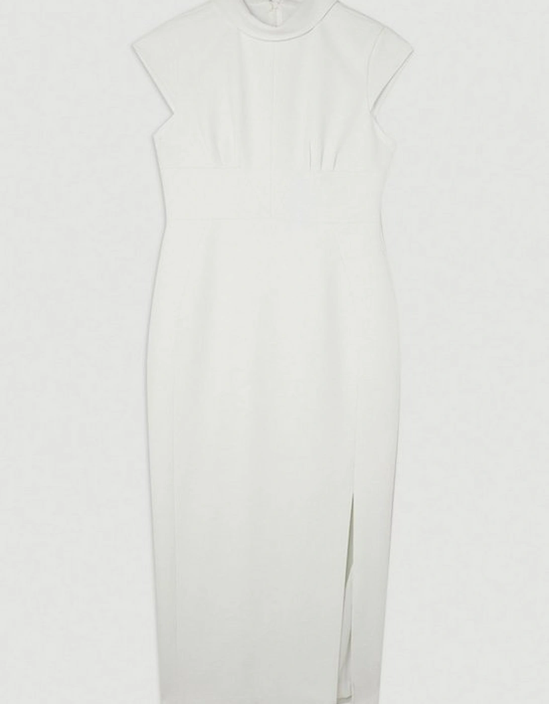 Tailored Structured Crepe High Neck Cap Sleeve Midi Dress
