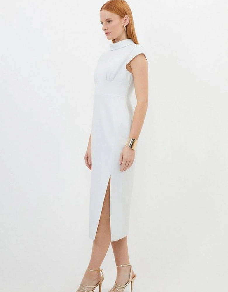 Tailored Structured Crepe High Neck Cap Sleeve Midi Dress
