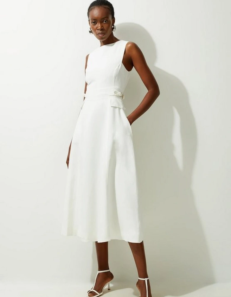 Premium Linen Tab Waist Detail Full Skirt Tailored Midi Dress