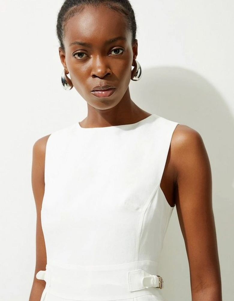 Premium Linen Tab Waist Detail Full Skirt Tailored Midi Dress
