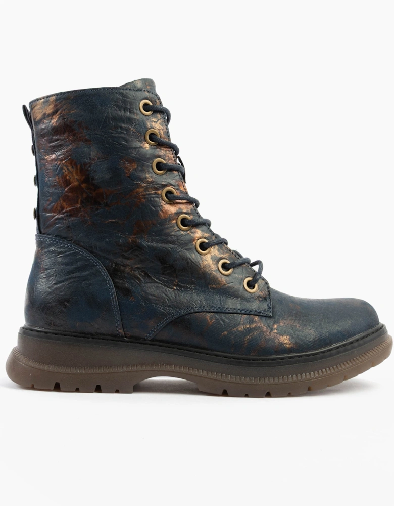 ANNETTA Womens Textured Lace-Up Boots Navy/Bronze/Multi