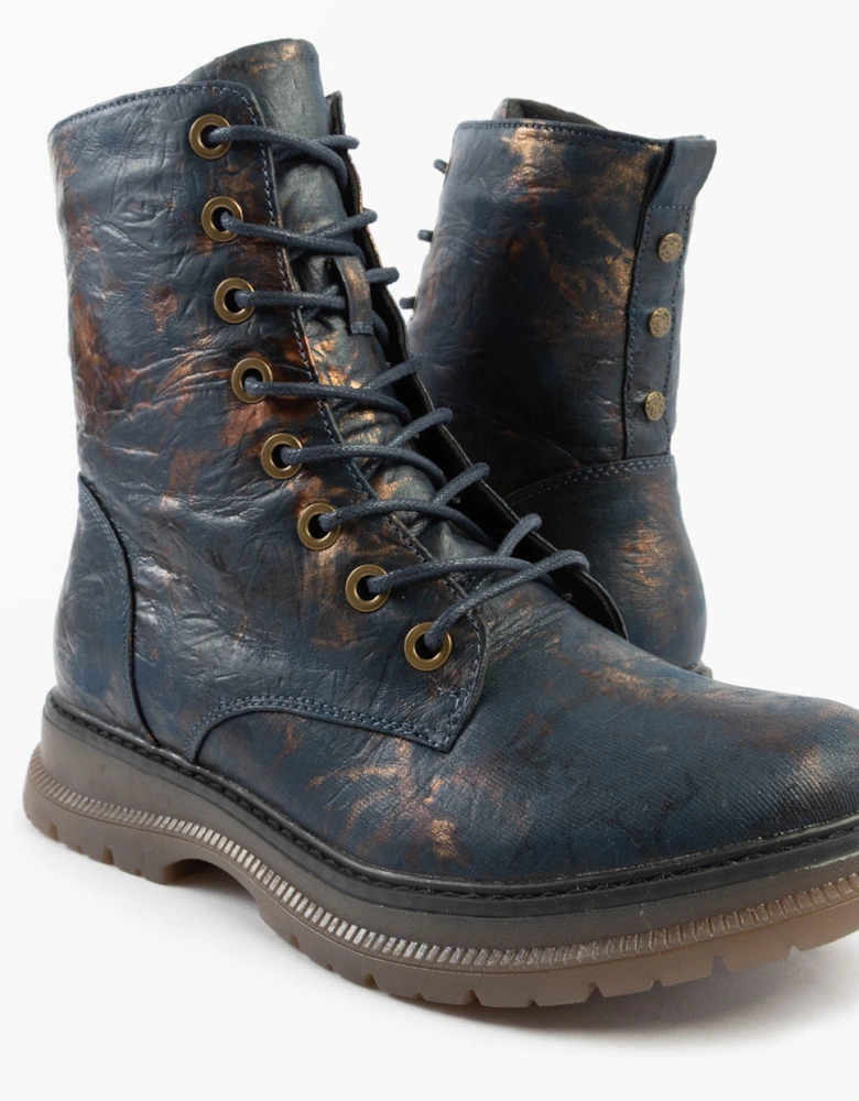 ANNETTA Womens Textured Lace-Up Boots Navy/Bronze/Multi