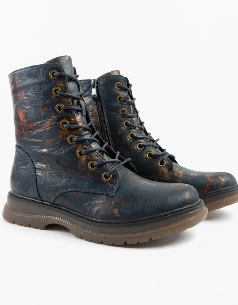 ANNETTA Womens Textured Lace-Up Boots Navy/Bronze/Multi