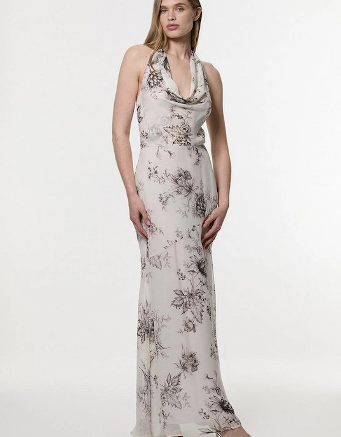 Tall Sheer Viscose Georgette Sketchy Floral Deep V Woven Halter Neck Dress, 4 of 3