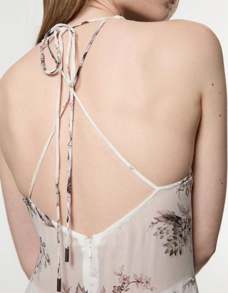 Tall Sheer Viscose Georgette Sketchy Floral Deep V Woven Halter Neck Dress