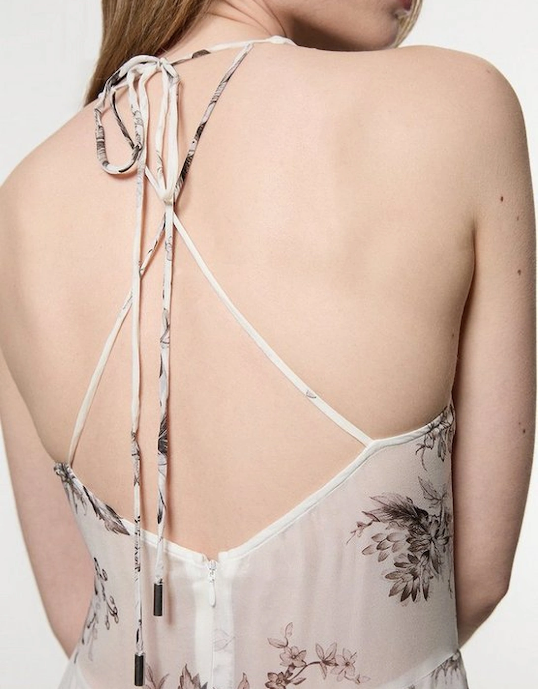 Tall Sheer Viscose Georgette Sketchy Floral Deep V Woven Halter Neck Dress